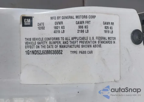 2003 Chevrolet Malibu z USA, uszkodzony, nr VIN 1G1ND52J93M636662